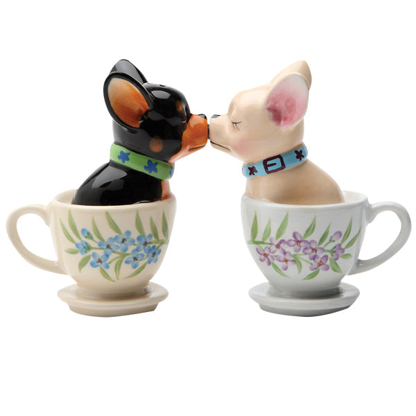 Tea Cup Pups Salt & Pepper Shaker Set – Hand-Painted Ceramic Chihuahua Romance Decor