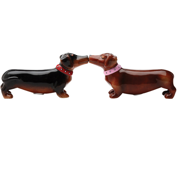 A Long Love Affair Salt & Pepper Shaker Set – Hand-Painted Ceramic Wiener Dog Romance Decor