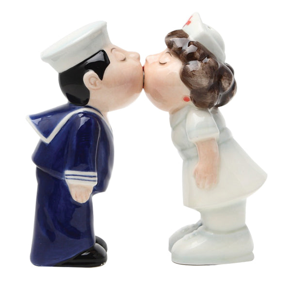 Nurse and Sailor Salt & Pepper Shaker Set – Hand-Painted Ceramic Kissing Couple Figurines